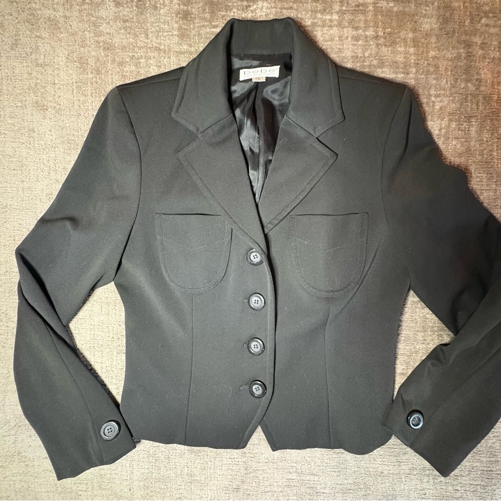 Vintage Bebe Blazer Size 8 Black 4 Button Front Closure Breast Pockets Lined